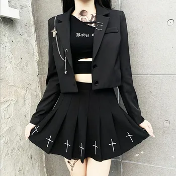 Proljetna ženska jakna Punk Gothic crni blazer Harajuku Ulica odjeća Metalni lanac Лоскутный odijelo Office dame Putuju na posao Kratki kaput