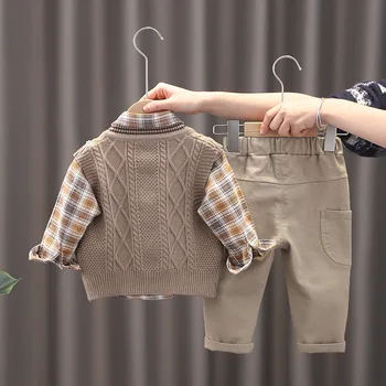 Nova moda za male dječake 3 kom. Komplet 2021 Proljeće korejski pokrivač košulja dugih rukava i V-izrez Pletene prsluk+Hlače Odijela Jesen dječja odjeća
