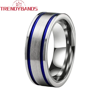 8 mm Plave muške, Ženske Volfram Zaručnički prsten Zaručnički prsten s dva profiliranim matirano umetcima Obrezivanje cijevi Ugodno slijetanje