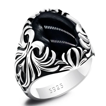 Turski prsten iz crne agata za muškarce Čistog Srebra 925 sterling Vintage navoj s ovalnim Velikim prirodnim kamenom Gospodo Prstenje Nakit poklon