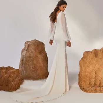 Elegantna vjenčanica Sirena s dubokim V-izrez 2022 Seksualno vjenčanicu sa dugim шифоновыми rukavima i vlak bez naslona Vestido De Noiva