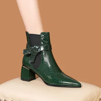 Ботфорты vrhunske kvalitete od prave prirodne kravlja koža Ženske čizme za блочном petu slatka luk Zelene cipele od krokodilske kože sa zmijom Ženske cipele