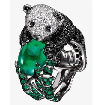 Odlična Panda s Бамбуковым Prstenom u obliku Životinja s Punim Kristalno Gorski Kristal Cirkon za Žene Jubilarni Modni Nakit