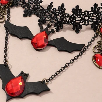 Donje ogrlica u stilu punk s рубиновым dragi kamen u obliku šišmiša, cvjetne čipke lanac za party na Noć vještica, Crnci nakit pribor za Косплея