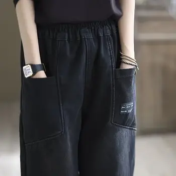Zimske hlače Ženske tople crne hlače s džepovima na elastičan struk Zimske traper hlače s visokim strukom Tople hlače za žene Vintagr y2k Traperice