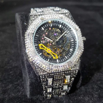 MISSFOX Crna Šuplje Mehanizam Gospodo mehanički sat na Top-brand Puni Dijamant Hip-hop Muški satovi Luksuzni Poslovni Ručni Gospodo