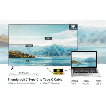 Kabel CHOETECH Thunderbolt 3 (2,6 ft) 40 Gbit / s Za prijenos podataka Podržava UHD-prikaz 5K, USB C za MacBook Pro i drugih uređaja tipa C