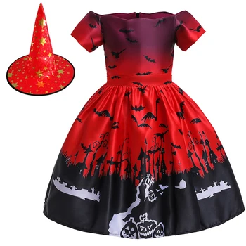 Crveno ljetna haljina sa šeširom Halloween Kostim Vampira Bundeva Vještica Haljina za dječju zurke Cosplay Božićno Princeza odjeća za djevojčice