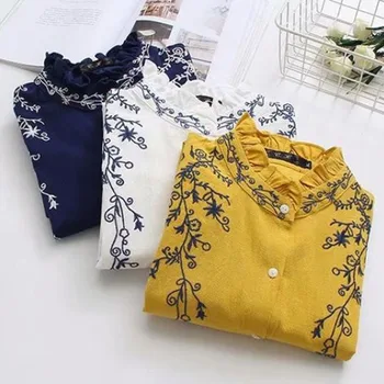 Ženske košulje i majice Proljeće i jesen dugi rukav Pamučna posteljina vezene košulja Blusa Veliki Ženski Top Kardigan W1824