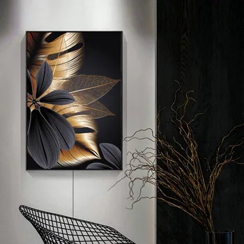 Skandinavska apstraktna umjetnost maslačna slikarstvo crno zlato list biljke platnu slikarstvo moderno uređenje doma plakat dnevni boravak hodnik freska