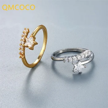 QMCOCO Jednostavne Modne Prsten s kubični cirkon u obliku Zvijezde, Dizajnerske rupe, Podesiva za žene, djevojčice, Srebrni Nakit pribor 925 sterling