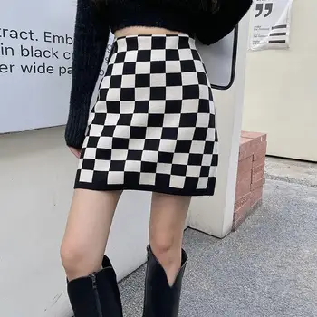Genayooa Vintage pokrivač šahovska mini suknja Ženska korejski ulica odjeća 2022 Вязаная tanka uska elastična ženska suknja s visokim strukom
