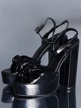 Crni Metalni remen s vršnjacima Sandale na petu na platformi s otvorenim vrhom Remen na gležanj Blok na visoku petu Haljina za pistu Ženske cipele