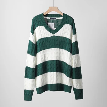 Starinski zeleni prugasti pletene džemper za žene Jesen zima V-izrez u obliku dugih rukava Prevelike pulover Jednostavan casual pamuk top šik