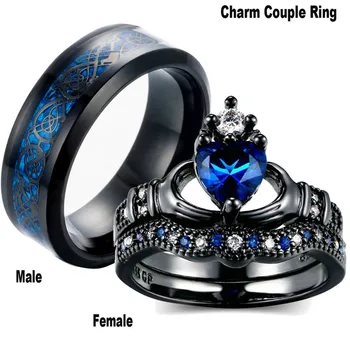 Modni nakit tamno plava kruna u obliku srca kubni cirkonij od nehrđajućeg čelika par prsten vjenčani poklon za Valentinovo