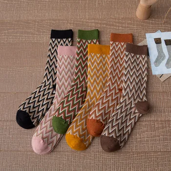 Kvalitetan pamuk, pletene čarape za žene, japanska, korejska vanjska odjeća, čarape s plima, jesen-zima, val uzorak, awesome klasicni čarape