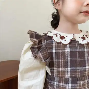 21 Jesensko-zimska haljina za djevojčice u kavez s leteće rukava za djevojčice u korejskom stilu s drvenim ušima na подтяжках