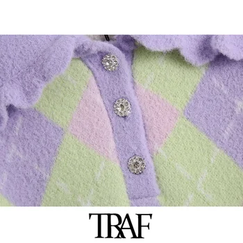 TRAF Ženska moda Rebraste trake Argyle Pletene džemper Vintage kratkih rukava na zakopčane Ženski puloveri Šik vrhovima