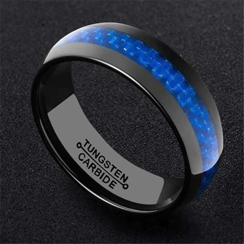 HIMONGOO 8 mm Crno muški prsten od volfram karbida Zaručnički prsten s umetak od plave karbonskih vlakana, zaštićen od ogrebotina, Poklon za godišnjicu zaruka
