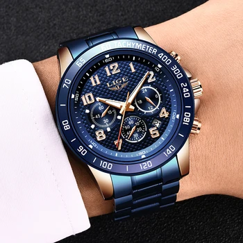 2020 Novi muški sat LIGE Najbolji brand Luksuznih Plave Kvarcni Sat Od Nehrđajućeg Čelika Muška Moda Vodootporan Sportski Kronograf sat