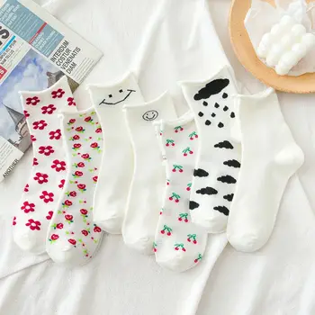 Slatka ženske čarape u korejskom, japanskom stilu, Crtani cvjetni osmijeh, Zabavna ženska vanjska odjeća, Skate, Харадзюку, Kawai, Jesenje uzročno-istražne čarape