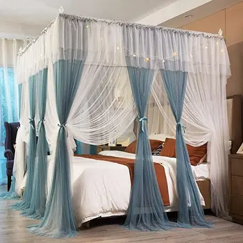Zavjese za krevete s baldahinom za djevojčice Plavo-bijela Udoban ogrnuti Grid 4 Rupe mreža za komarce Pribor za uređenje spavaće sobe