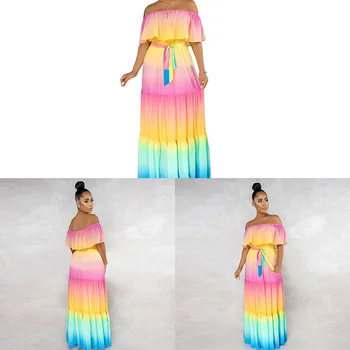 Duga Mijenja boje Maxi Večernja haljina s pojasom i ukrašen s otvorenim ramenima Duge ljetne dnevne haljine Za žene