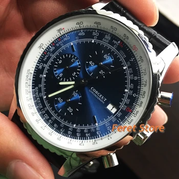Sat sa хронографом CORGEUT 46,5 mm plavi brojčanik crni kožni remen za poliranje srebrne čelika VK67 Quartz mehanizam Poslovne sat